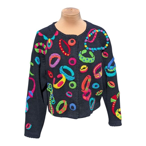 Michael Simon Sweaters - Michael Simon Jewelry Embroidered Knit Sweater Large Button Front Cardigan Art